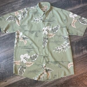 Silk Cotton Blend Paradise Blue Green Floral Men's Shirt Size Large Button Up